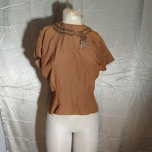 Vintage Metallic Beaded Short Sleeve Handmade Silky Brown Rayon Blouse 50s. Well